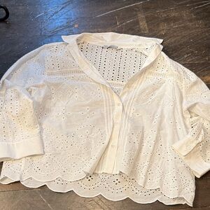 Zara White Eyelet Button Down Shirt